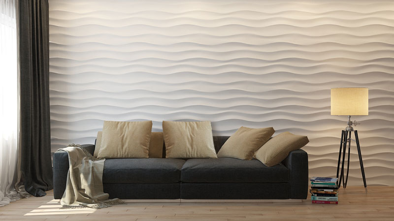 3D гипсовая панель Волна горизонтальная крупная в интерьере