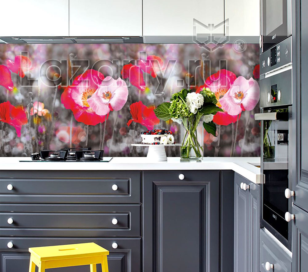 Пластиковый фартук Маковое поле в интерьере, фото