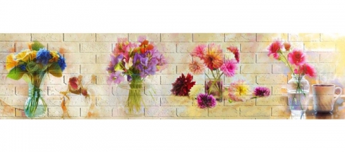 Фартук МДФ Цветы в вазах с тиснением под кирпич
