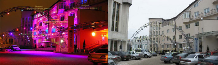 Здание бизнес-центра, окрашенное невидимой фасадной краской, днем и ночью