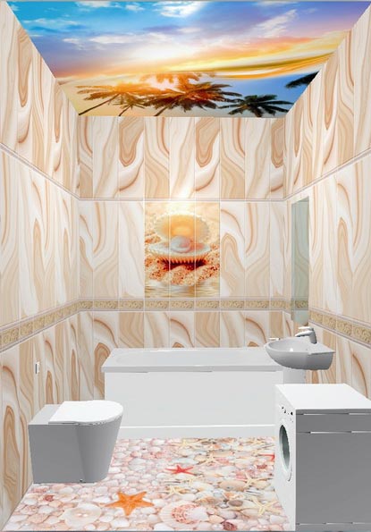 Влагостойкий 3Д Пол Ракушки в интерьере ванной