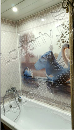 Панель ПВХ Панда Дамасский узор Лебедь в интерьере